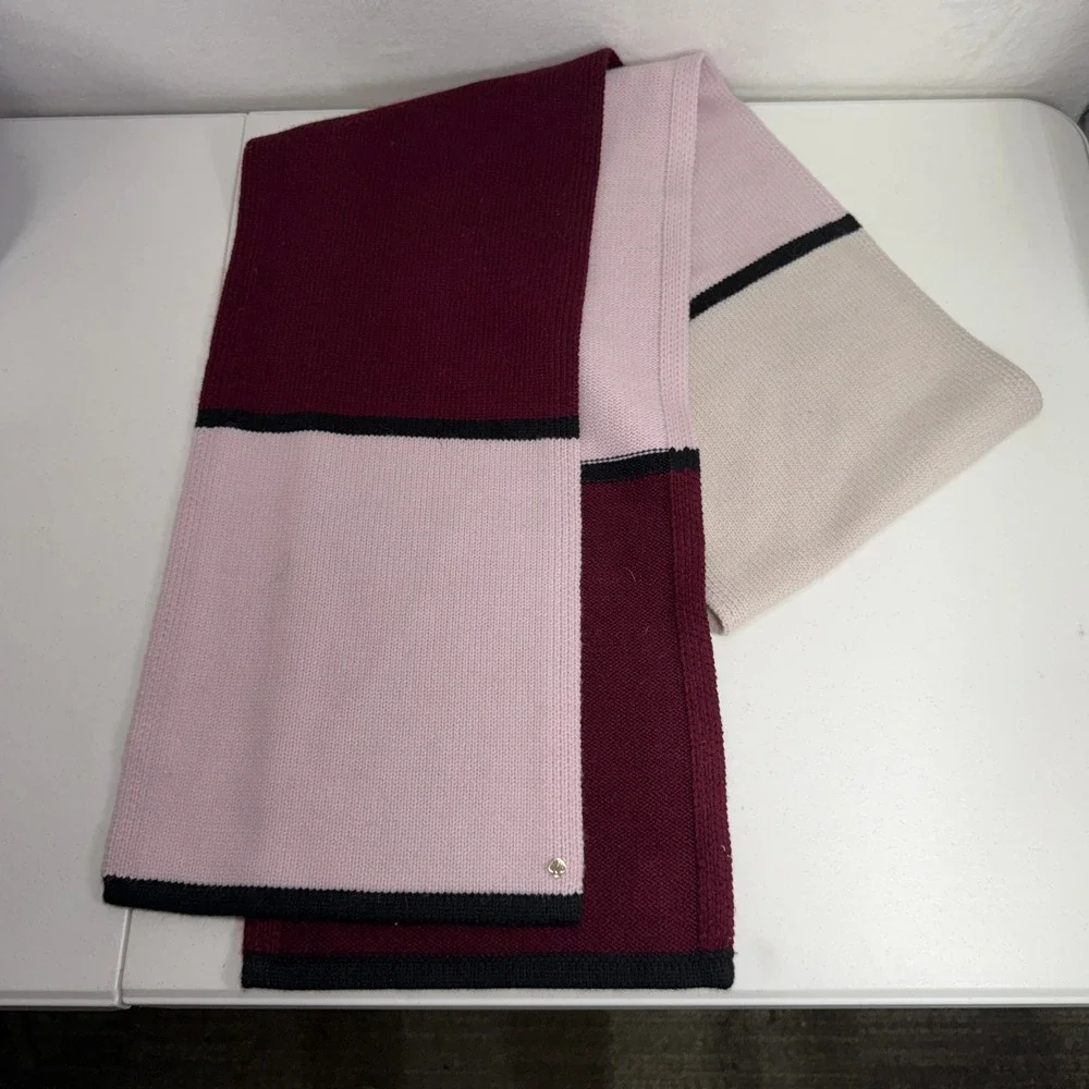 Kate Spade Scarf Colorblock Knit Burgundy Pink Cream Gold Spade Logo Designer